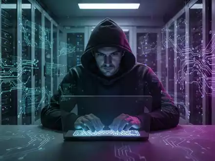 A shadowy figure in a hoodie typing on a laptop, surrounded by digital data streams, symbolizing a data breach. - Foto: über boerse-global.de