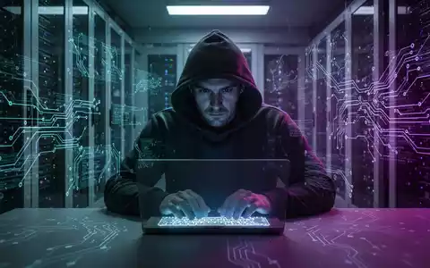 A shadowy figure in a hoodie typing on a laptop, surrounded by digital data streams, symbolizing a data breach. - Foto: über boerse-global.de