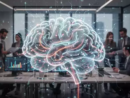 Eine stilisierte, leuchtende neuronale Netzstruktur über einem modernen Büro, das Digitalisierung und KI in der IT-Kostenoptimierung symbolisiert. - Foto: über boerse-global.de