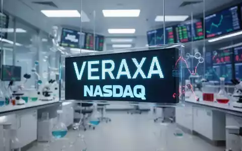 Ein stilisierter, beleuchteter Börsenticker mit 'VERAXA' und 'NASDAQ' vor einem unscharfen Biotechnologielabor. - Foto: über boerse-global.de