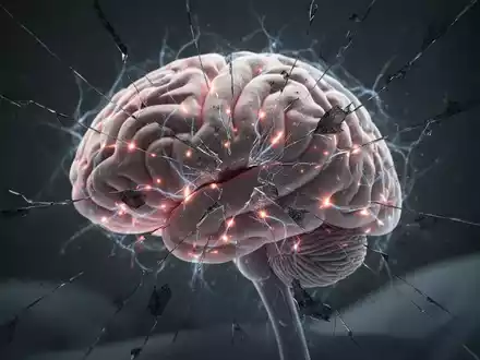 Eine stilisierte Darstellung eines menschlichen Gehirns mit leuchtenden neuronalen Pfaden und angedeuteten Schäden, auf dunklem Hintergrund. - Foto: über boerse-global.de
