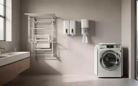 Ein modernes Badezimmer mit platzsparenden Lösungen, darunter ein ausziehbarer Wäschetrockner und ein faltbares Waschgerät. - Foto: über boerse-global.de