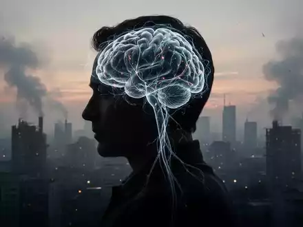 Ein silhouettierter Kopf mit leuchtenden neuronalen Pfaden vor einem verschwommenen, verschmutzten Stadtbild bei Sonnenuntergang. - Foto: über boerse-global.de