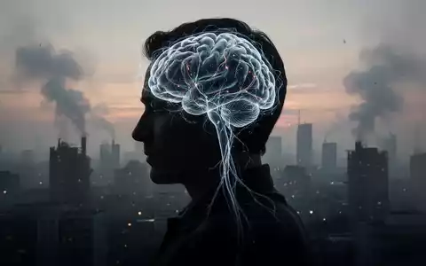 Ein silhouettierter Kopf mit leuchtenden neuronalen Pfaden vor einem verschwommenen, verschmutzten Stadtbild bei Sonnenuntergang. - Foto: über boerse-global.de