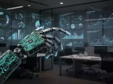 A glowing, circuit board hand of an AI agent struggles to grasp a complex, blurry real-world object in a modern office setting. - Foto: über boerse-global.de