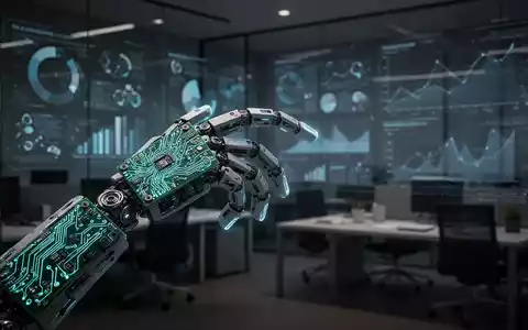 A glowing, circuit board hand of an AI agent struggles to grasp a complex, blurry real-world object in a modern office setting. - Foto: über boerse-global.de