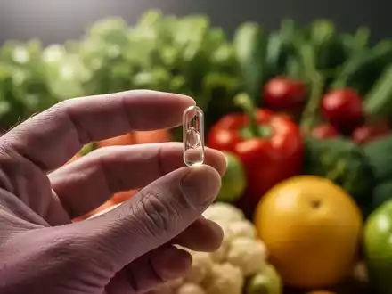 Eine Hand hält eine Kapsel, im Hintergrund verschwommenes Obst und Gemüse, das eine gesunde Ernährung symbolisiert. - Foto: über boerse-global.de