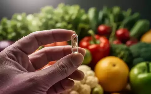 Eine Hand hält eine Kapsel, im Hintergrund verschwommenes Obst und Gemüse, das eine gesunde Ernährung symbolisiert. - Foto: über boerse-global.de