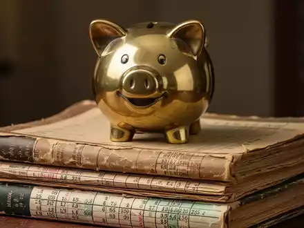 Ein stilisiertes, glänzendes Sparschwein aus Messing auf einem Stapel alter Finanzbücher. - Foto: über boerse-global.de