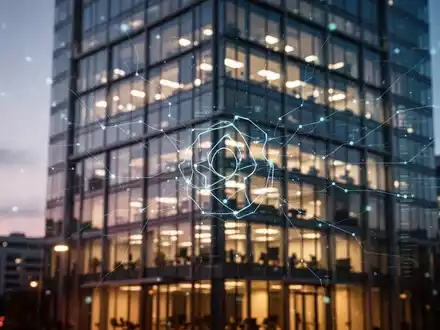 Ein stilisiertes, unscharfes Bild eines modernen Bürogebäudes bei Dämmerung mit leuchtenden Fenstern und einem subtilen digitalen Overlay. - Foto: über boerse-global.de