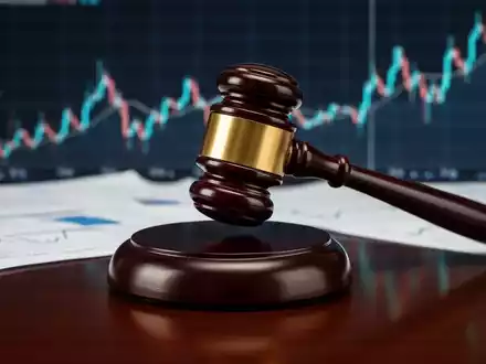 Ein stilisierter Hammer schlägt auf einen Soundblock, mit verschwommenen Finanzdokumenten im Hintergrund, symbolisiert eine Gerichtsverhandlung. - Foto: über boerse-global.de