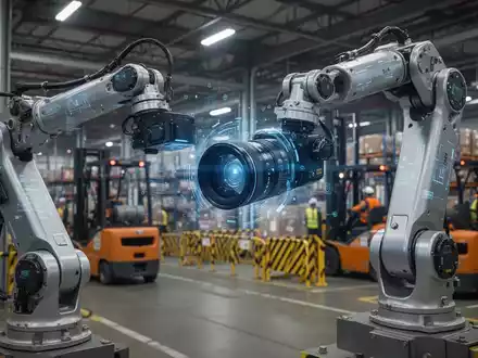 Ein Roboterarm mit Kamera überwacht eine industrielle Umgebung mit Logistik, Gabelstaplern und Sicherheitsbarrieren. - Foto: über boerse-global.de