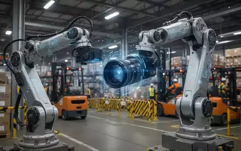 Ein Roboterarm mit Kamera überwacht eine industrielle Umgebung mit Logistik, Gabelstaplern und Sicherheitsbarrieren. - Foto: über boerse-global.de