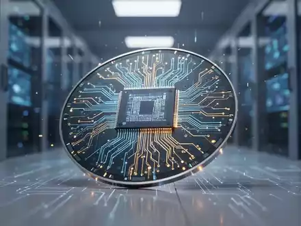 Ein stilisierter, leuchtender Mikrochip oder eine Halbleiterwafer, umgeben von einem unscharfen High-Tech-Hintergrund. - Foto: über boerse-global.de