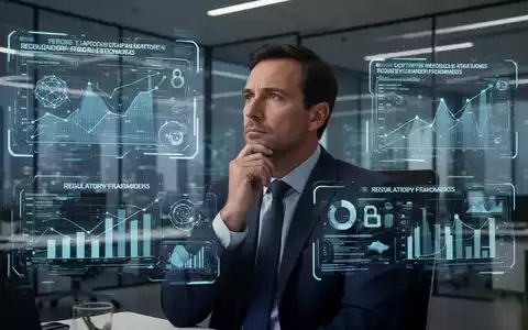 A man in a modern office looking at data projections, symbolizing AI regulation and the future of technology. - Foto: über boerse-global.de