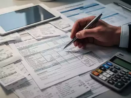 Eine Hand hält einen Stift über einem Reisekostenabrechnungsformular, daneben liegen Belege und ein Tablet auf einem Schreibtisch. - Foto: über boerse-global.de