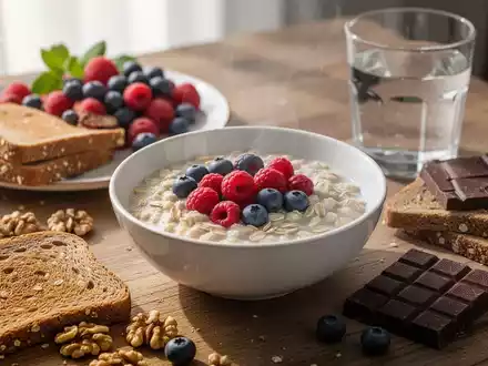Ein gesundes Frühstück mit Haferflocken, Beeren, Vollkornbrot, Walnüssen, dunkler Schokolade und Wasser auf einem Holztisch. - Foto: über boerse-global.de