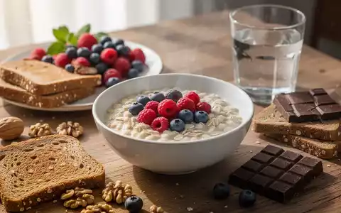 Ein gesundes Frühstück mit Haferflocken, Beeren, Vollkornbrot, Walnüssen, dunkler Schokolade und Wasser auf einem Holztisch. - Foto: über boerse-global.de