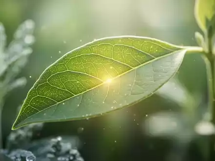 Nahaufnahme eines grünen Blattes mit feinen Adern, sanft beleuchtet, vor einem verschwommenen botanischen Hintergrund. - Foto: über boerse-global.de