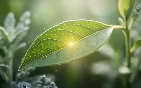 Nahaufnahme eines grünen Blattes mit feinen Adern, sanft beleuchtet, vor einem verschwommenen botanischen Hintergrund. - Foto: über boerse-global.de