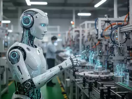 A humanoid robot with glowing circuits stands in a modern Chinese factory, interacting with industrial machinery on a production line. - Foto: über boerse-global.de