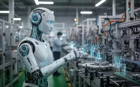 A humanoid robot with glowing circuits stands in a modern Chinese factory, interacting with industrial machinery on a production line. - Foto: über boerse-global.de