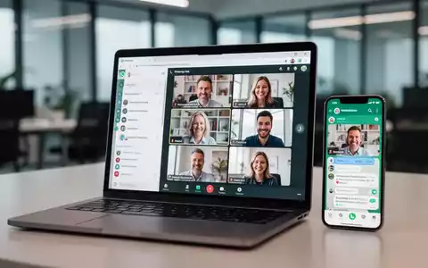 A laptop displaying a group video call on WhatsApp Web, with a smartphone next to it also showing WhatsApp. - Foto: über boerse-global.de