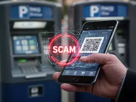 Eine Hand hĂ€lt ein Smartphone, das einen manipulierten QR-Code auf einem Parkautomaten scannt, mit digitalem Betrugswarnsymbol. - Foto: ĂŒber boerse-global.de