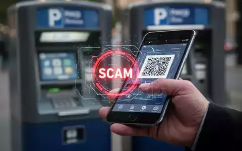 Eine Hand hält ein Smartphone, das einen manipulierten QR-Code auf einem Parkautomaten scannt, mit digitalem Betrugswarnsymbol. - Foto: über boerse-global.de