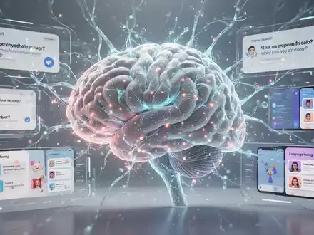 Ein stilisiertes Gehirn aus leuchtenden neuronalen Netzen, umgeben von digitalen Schnittstellen mit Quizfragen und Sprachlern-Apps. - Foto: über boerse-global.de