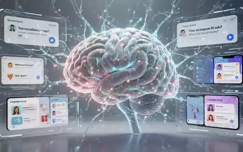 Ein stilisiertes Gehirn aus leuchtenden neuronalen Netzen, umgeben von digitalen Schnittstellen mit Quizfragen und Sprachlern-Apps. - Foto: über boerse-global.de
