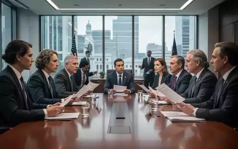 Eine Gruppe von Geschäftsleuten und Politikern diskutiert an einem Konferenztisch, Symbol für Arbeitsmarktverhandlungen. - Foto: über boerse-global.de