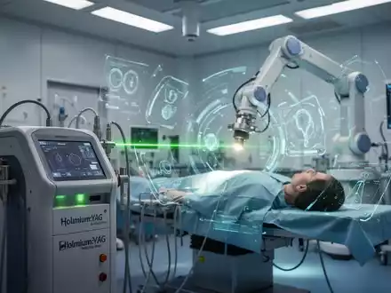 Eine futuristische Operationsszene mit einem Lasergerät, einem Roboterarm und einem Patienten auf dem OP-Tisch, die Präzision und Innovation in der urologischen Chirurgie hervorhebt. - Foto: über boerse-global.de
