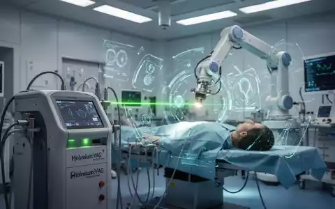 Eine futuristische Operationsszene mit einem Lasergerät, einem Roboterarm und einem Patienten auf dem OP-Tisch, die Präzision und Innovation in der urologischen Chirurgie hervorhebt. - Foto: über boerse-global.de