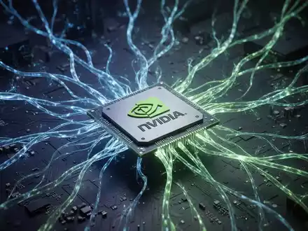 An abstract image showing glowing blue and green neural pathways converging on a stylized, futuristic NVIDIA GPU chip, representing AI and parallel processing. - Foto: über boerse-global.de