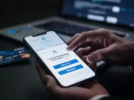 Eine Hand hält ein Smartphone mit einem betrügerischen Buchungslink, im Hintergrund verschwommen eine Kreditkarte und ein Laptop. - Foto: über boerse-global.de