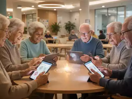 Ältere Menschen nutzen Tablets und Smartphones für kognitive Übungen in einer hellen, modernen Umgebung, was soziale Interaktion und digitale Teilhabe symbolisiert. - Foto: über boerse-global.de