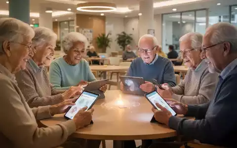 Ăltere Menschen nutzen Tablets und Smartphones fĂŒr kognitive Ăbungen in einer hellen, modernen Umgebung, was soziale Interaktion und digitale Teilhabe symbolisiert. - Foto: ĂŒber boerse-global.de