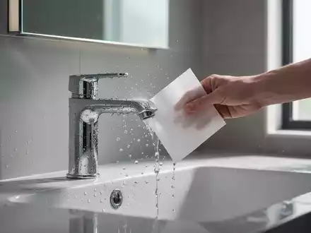 Eine Hand poliert mit einem Trocknertuch eine glänzende Armatur in einem modernen, minimalistischen Badezimmer. - Foto: über boerse-global.de