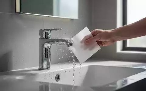 Eine Hand poliert mit einem Trocknertuch eine glänzende Armatur in einem modernen, minimalistischen Badezimmer. - Foto: über boerse-global.de