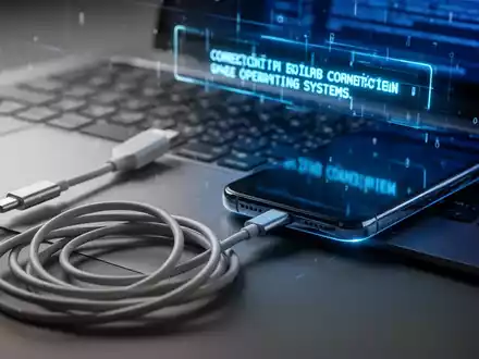 A tangled USB-C cable connects a smartphone to a laptop keyboard, with a subtle blue digital error message on the screen. - Foto: über boerse-global.de