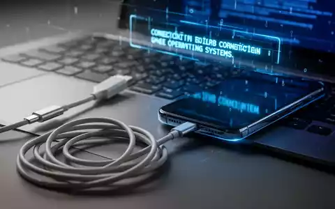 A tangled USB-C cable connects a smartphone to a laptop keyboard, with a subtle blue digital error message on the screen. - Foto: über boerse-global.de
