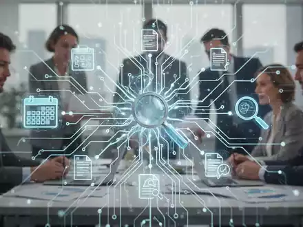 Digital representation of an AI neural network integrated with productivity tool icons over a blurred office background. - Foto: über boerse-global.de