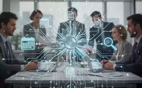 Digital representation of an AI neural network integrated with productivity tool icons over a blurred office background. - Foto: über boerse-global.de