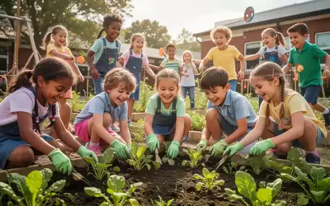 Glückliche Kinder pflanzen Gemüse in einem Schulgarten, symbolisierend gesunde Ernährung und Bewegung. - Foto: über boerse-global.de