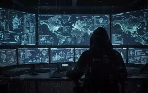Eine dunkle Kontrollzentrale mit leuchtenden digitalen Bildschirmen und einem Umriss einer Person, die eine Cyberbedrohung darstellt. - Foto: über boerse-global.de