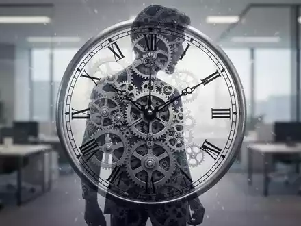 Eine stilisierte Uhr mit Zahnrädern, die sich mit einer menschlichen Silhouette überlappt, vor einem modernen Bürohintergrund. - Foto: über boerse-global.de