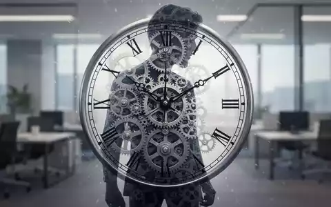 Eine stilisierte Uhr mit Zahnrädern, die sich mit einer menschlichen Silhouette überlappt, vor einem modernen Bürohintergrund. - Foto: über boerse-global.de
