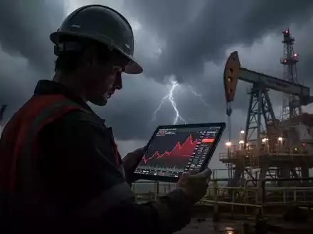 Ein Ölarbeiter blickt auf ein Tablet mit einem negativen Börsenchart vor einem stürmischen Himmel. - Foto: über boerse-global.de