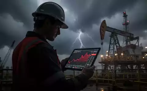Ein Ölarbeiter blickt auf ein Tablet mit einem negativen Börsenchart vor einem stürmischen Himmel. - Foto: über boerse-global.de